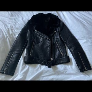 TOPSHOP Black Faux Fur Lined Vegan Leather Moto Biker Jacket SZ US4